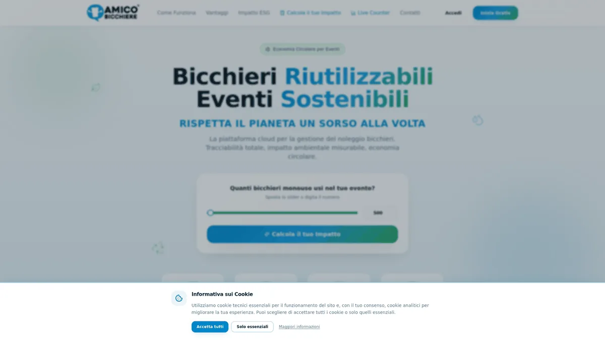 Schermata di AmicoBicchiere, la home della piattaforma di noleggio bicchieri riutilizzabili con il calcolatore di impatto ambientale — software realizzato da Webshop Factory