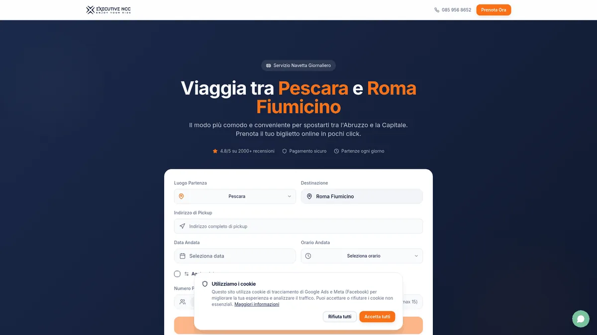 Schermata di Executive NCC, il booking engine per la navetta Pescara–Roma Fiumicino con il modulo di prenotazione di tratta, data e passeggeri — software realizzato da Webshop Factory