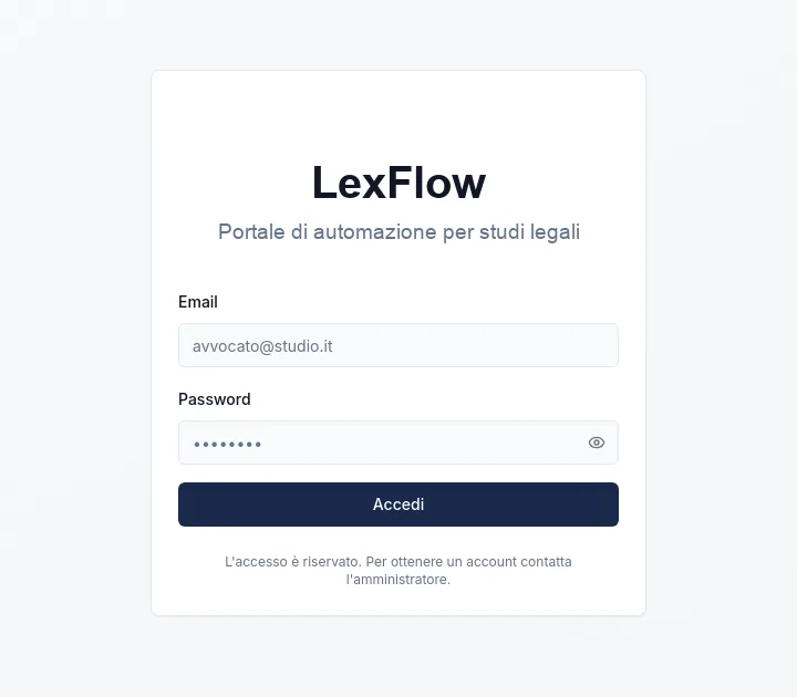 Schermata di accesso di LexFlow, il portale di automazione per studi legali sviluppato da Webshop Factory