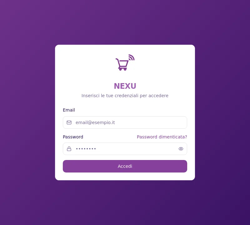 Schermata di Nexu CRM, la pagina di accesso al CRM di redditività per web agency, con il logo Nexu e i campi email e password — software realizzato da Webshop Factory