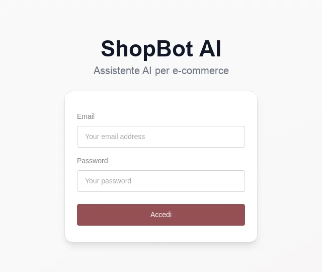 Schermata di accesso di ShopBot AI, l'assistente virtuale per e-commerce sviluppato da Webshop Factory