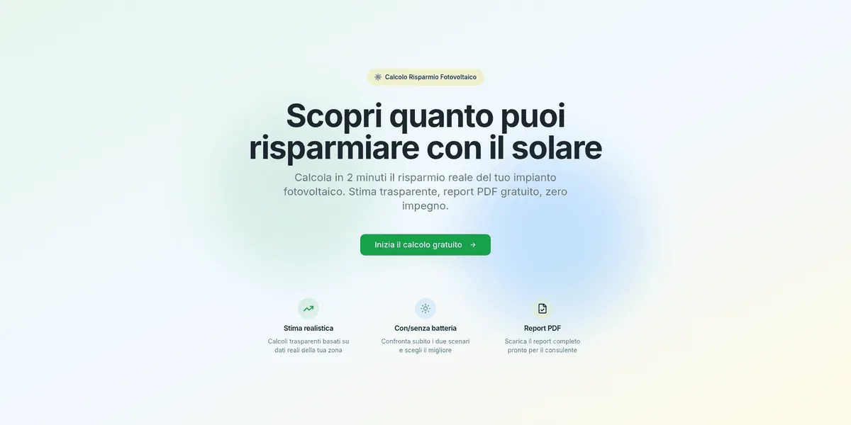 Schermata di Solar Saving Calculator, la landing page del calcolatore di risparmio fotovoltaico usato come lead magnet — software realizzato da Webshop Factory