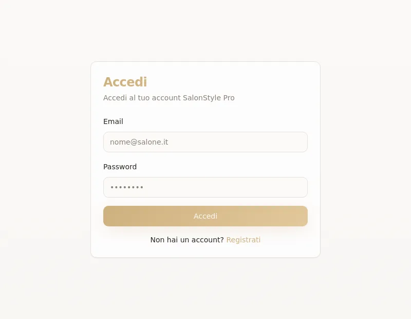 Schermata di Virtual Salon Suite, la pagina di accesso al software di prova virtuale di tagli e colori per saloni — software realizzato da Webshop Factory