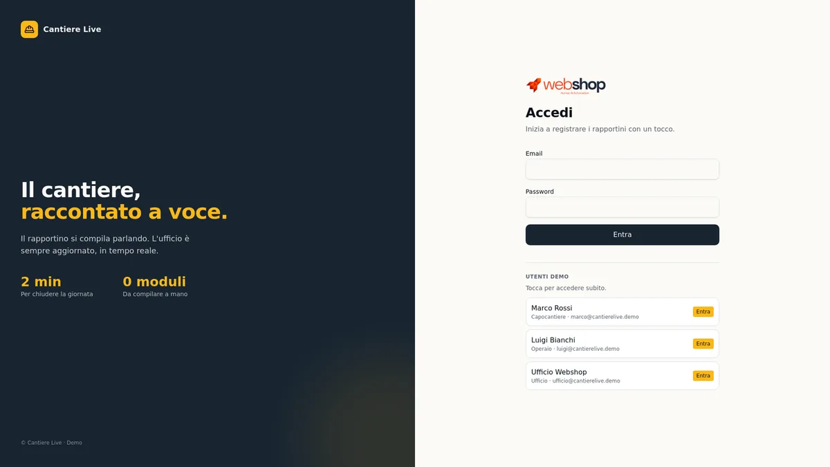 Schermata di Voce Cantiere, l'accesso all'app che compila i rapportini di cantiere parlando, con i profili demo di capocantiere, operaio e ufficio — software realizzato da Webshop Factory