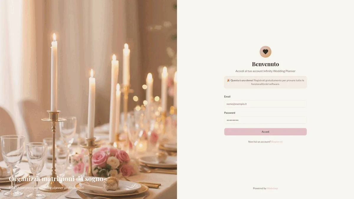 Schermata di accesso di Infinity Wedding Planner, il CRM per wedding planner, con immagine di una mise en place elegante e il modulo di login — software realizzato da Webshop Factory